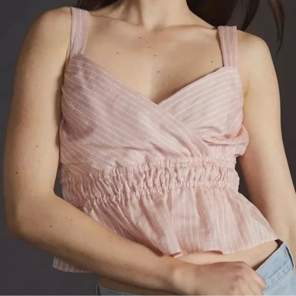 Anthropologie Maeve Tank Top Size 2X NWT Shirred Peplum Pink Stripe Smocked - Picture 7 of 7